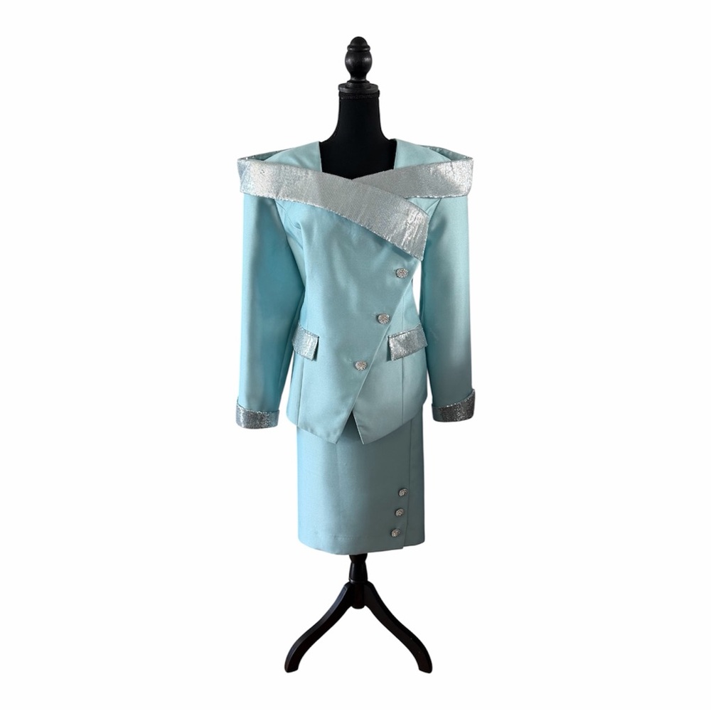 Donna Vinci Blue 2pc Skirt Suit w/Portrait Collar, Sequin and Rhinestones, 18